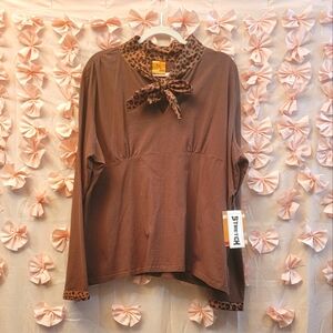Nwt CINDY AMBUEHL 3X Womens Top Brown Stretchy Animal Print Detail Cotton